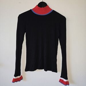 Zara Women's Black Long Sleeve Top with Red and Blue Trim Size Medium